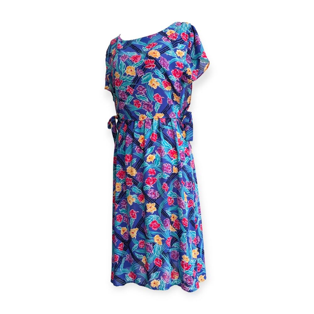 Vintage 70s 80s Aygee Blouson Floral Print Dress 10P flutter sleeves side ties